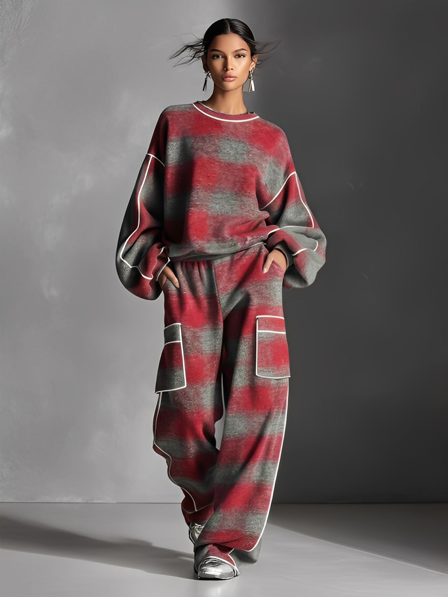 Women's Red And Gray Plaid Brushed Distressed Street Style Color-Blocked Piping Pantsuit Set MDA1065K4I