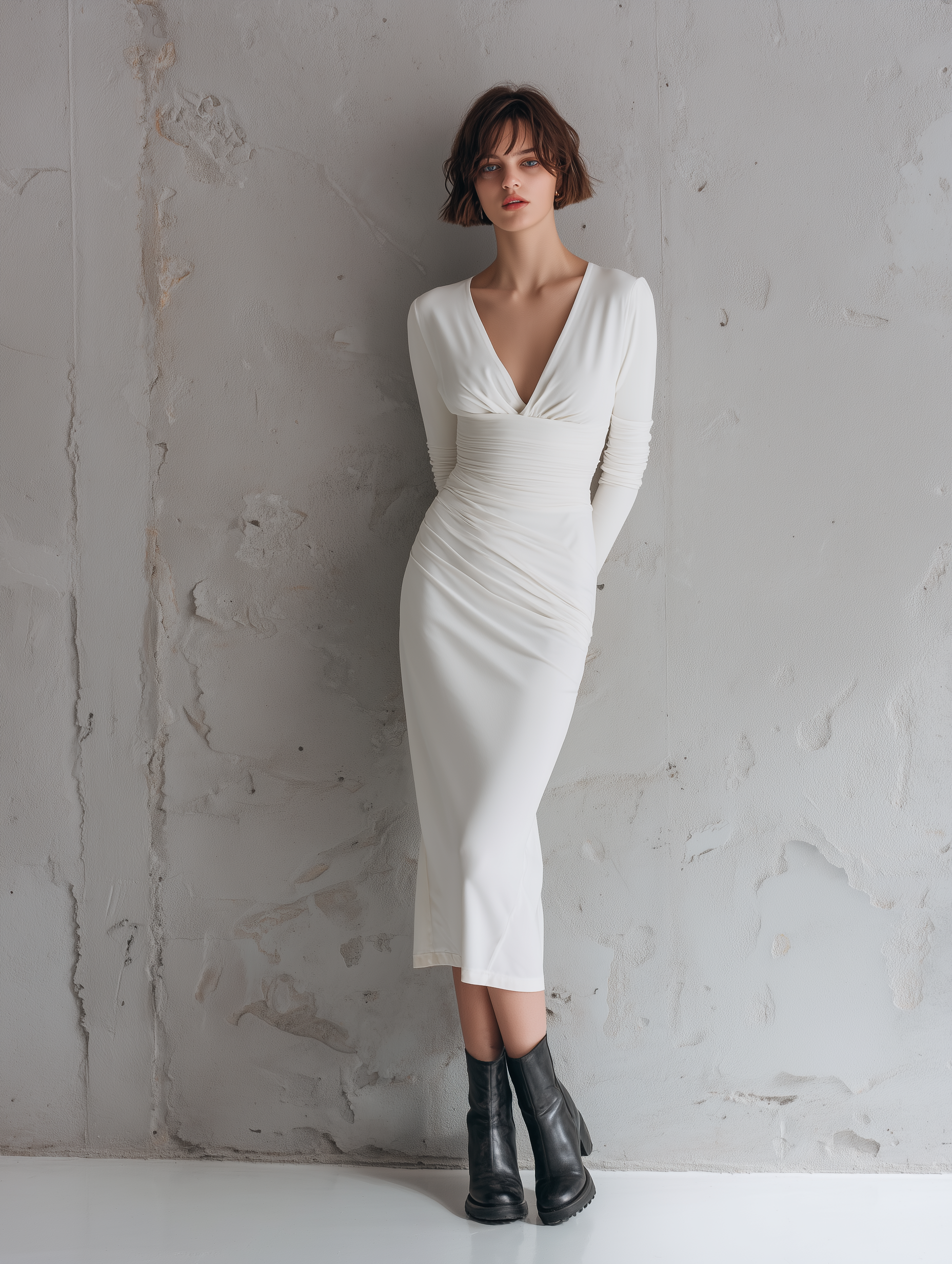 Women's Elegant White V-neck Knitted Stretch Slim-fit Long-sleeved Midi Dress MDA2461L5AN