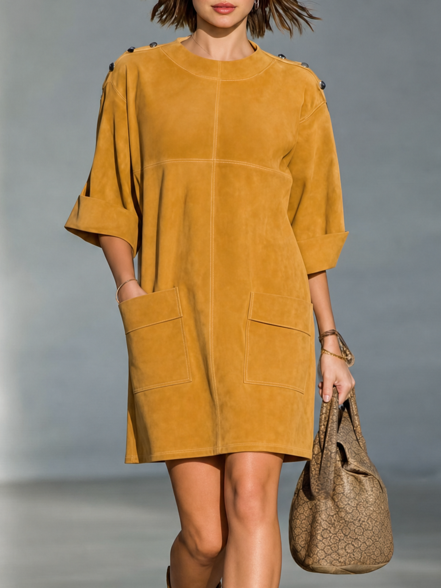 Women's Vintage-Style Faux Suede Mini Dress With Shoulder Buckle Detail And Mid-Length Sleeves MDZ1940H9WY