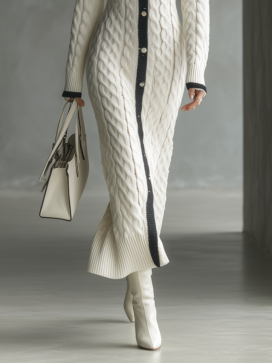 Women's White Cable Knit Straight-cut Black Color-blocked Cardigan MDA2814J2T