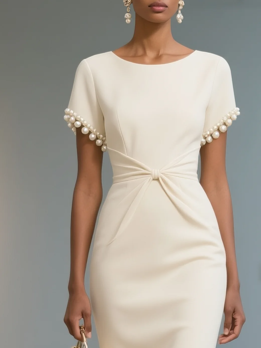 Women's Solid Color Blended Round Neck Short Sleeve Bow Waist Midi Dress MDA2179F1Y