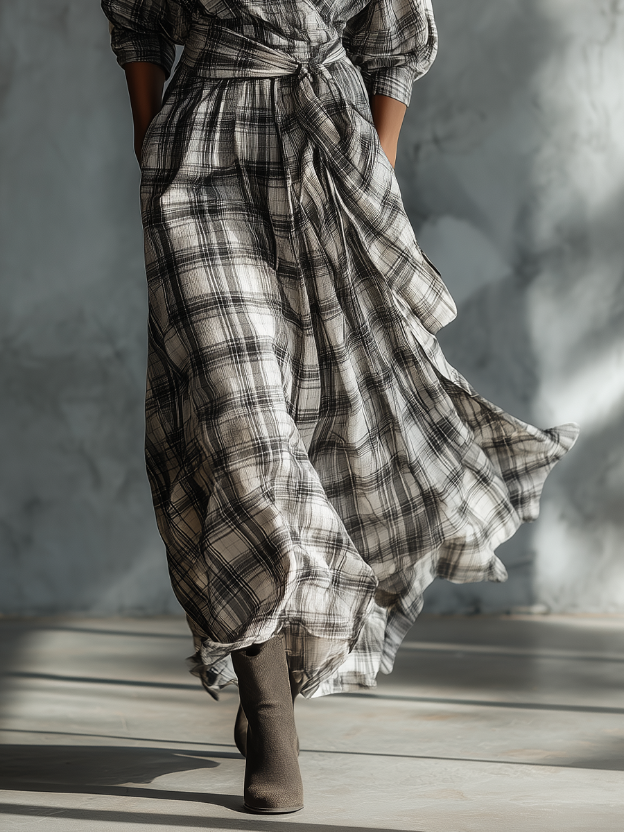 Women's Grey-white Cotton Linen Plaid V-neck Tie-up Long-sleeved Maxi Dress MDA1009K5T