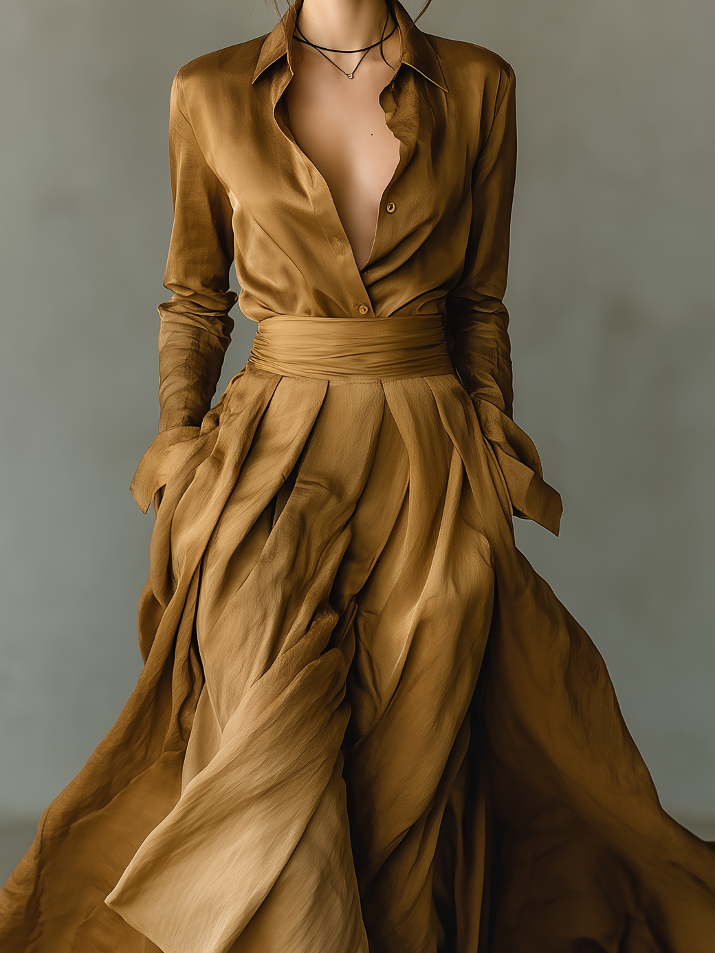 Women's Elegant Gold-brown Glossy Satin Long-sleeved Shirt Paired With A Skirt MDA1043L5AN