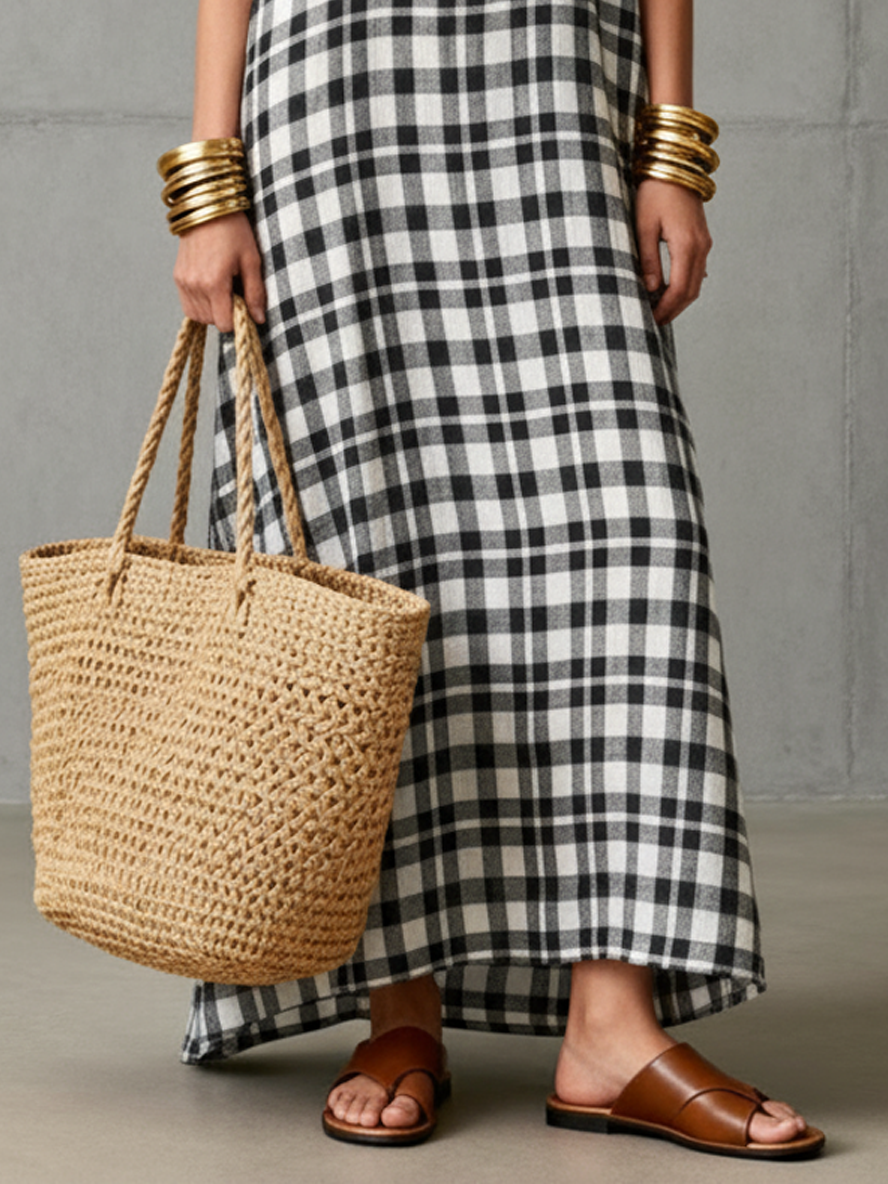 Women's Minimalist Checkered Sleeveless Maxi Dress MDZ0659A9Y