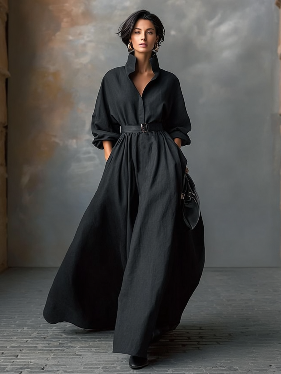 Women's Stand Collar Belt Maxi Dress MDA2102J8Y