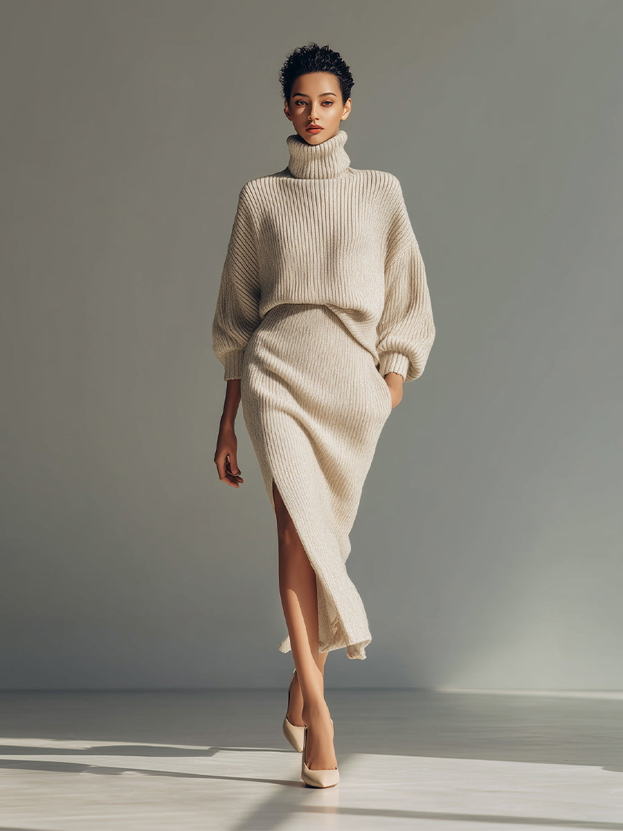 Women's Beige Elegant Rib - Knit Turtleneck Sweater & Slit Midi Skirt Set MDA1370H9I