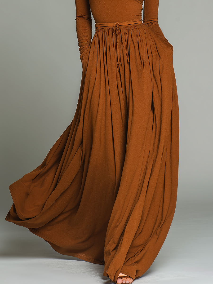 Women's Brown Elegant Stretch Polyester-Cotton Blend Turtleneck Belted Maxi Dress MDA1652J1I