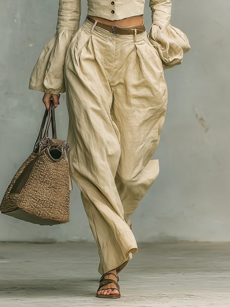 Women's Retro Linen-like Fabric Stand-up Collar Single-breasted Shirt Trousers Two-piece Set MDA2423G7Y