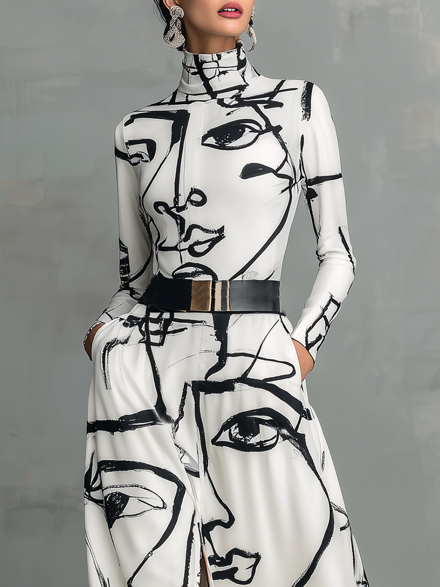 Women's Printed Belted Turtleneck Maxi Dress (Without Belt) MDA2441G2T