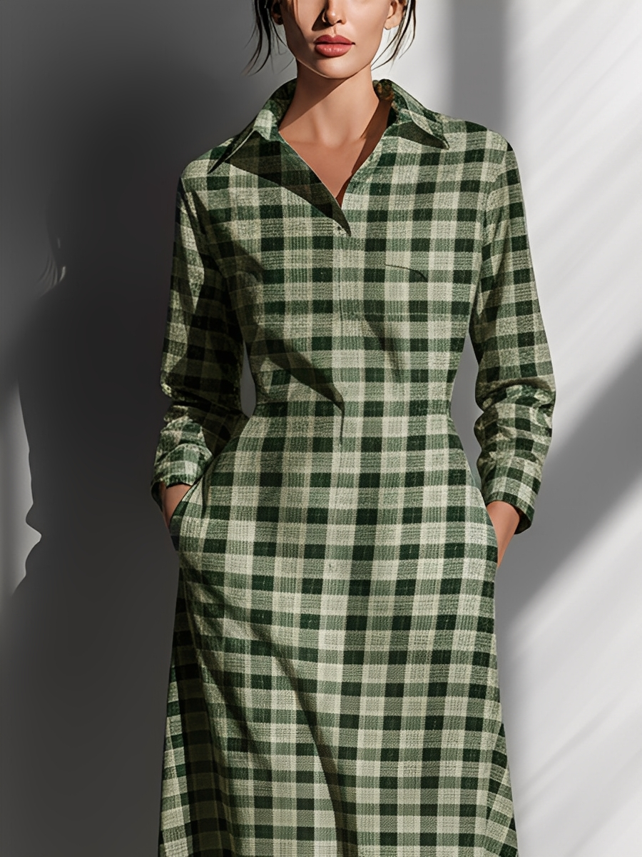 Women's Forest Green Cotton Linen Check Pocket Design Casual Dress MDA3032K2T