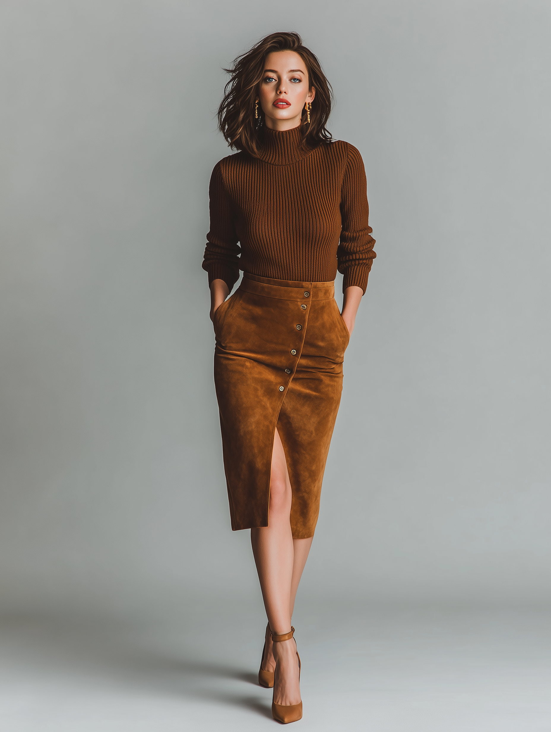 Women's Mock Neck Sweater And Faux Suede Slit Skirt Set MDA3032K5Y