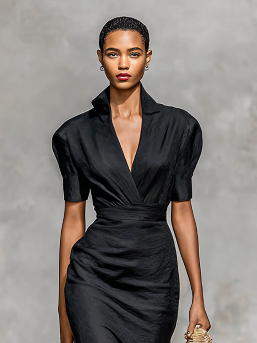 Ladies Solid Color Lapel V-neck Short Sleeve Waist Midi Dress MDA1404G5Y