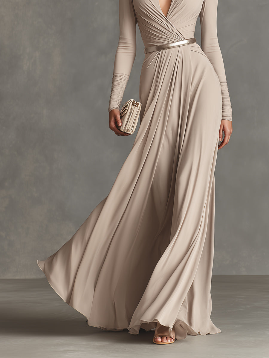 Women's Beige Smooth Fabric Elegant Ruched Wrap-Front Maxi Dress MDA2210K2I