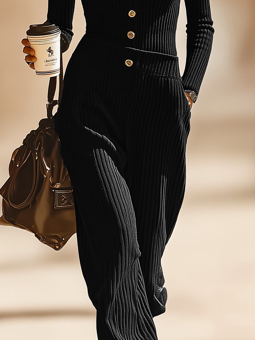 Women's Minimalist Knitted V-Neck Decorative Button Long Sleeve Straight Jumpsuit MDA2842I4Y