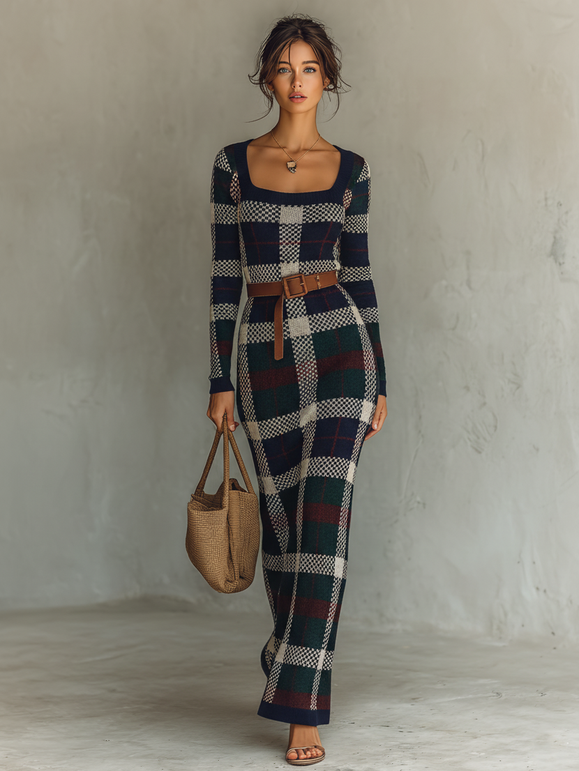 Women's Minimalist Check Knit Belted Square Neck Maxi Dress MDA2984J0Y