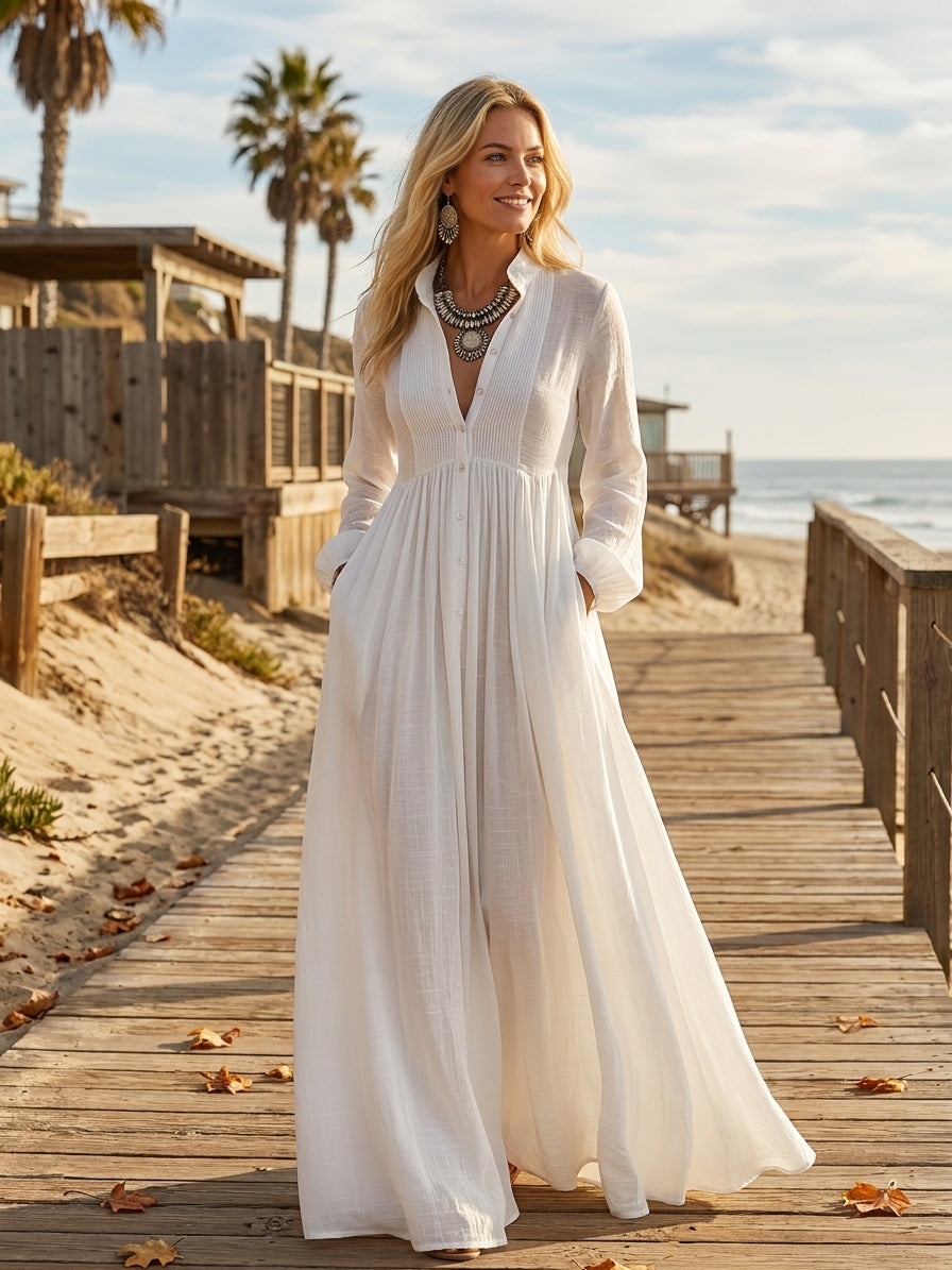 Women's Minimalist Cotton And Linen Patchwork Single-breasted Stand-up Collar Long-sleeved Maxi Dress MDA0658K6Y
