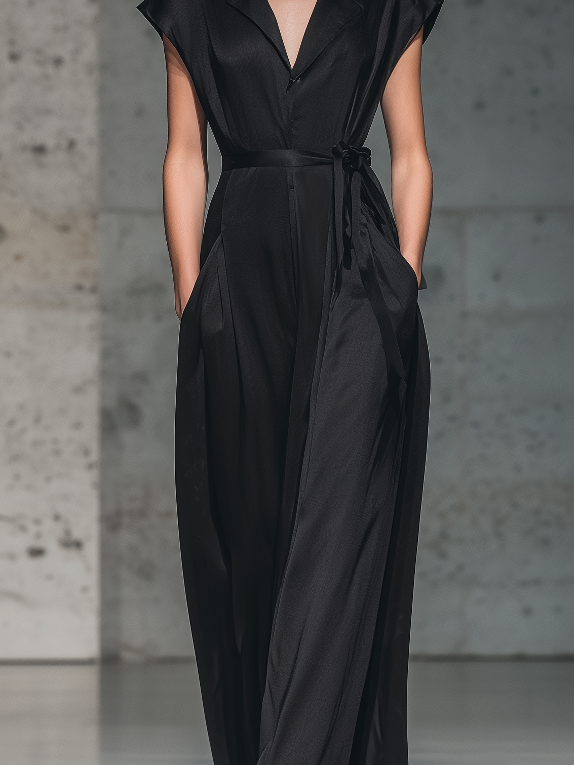 Women's Elegant Black Satin Short-sleeved Shirt Dress With Collar And Belt MDZ0674A2AN