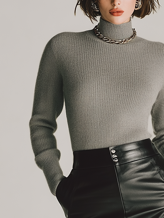Women's Elegant And Stylish Gray Turtleneck Long-sleeved Knitted Slim-fit Base Layer Top Paired With A Black Leather Pencil Skirt MDA0861K0AN
