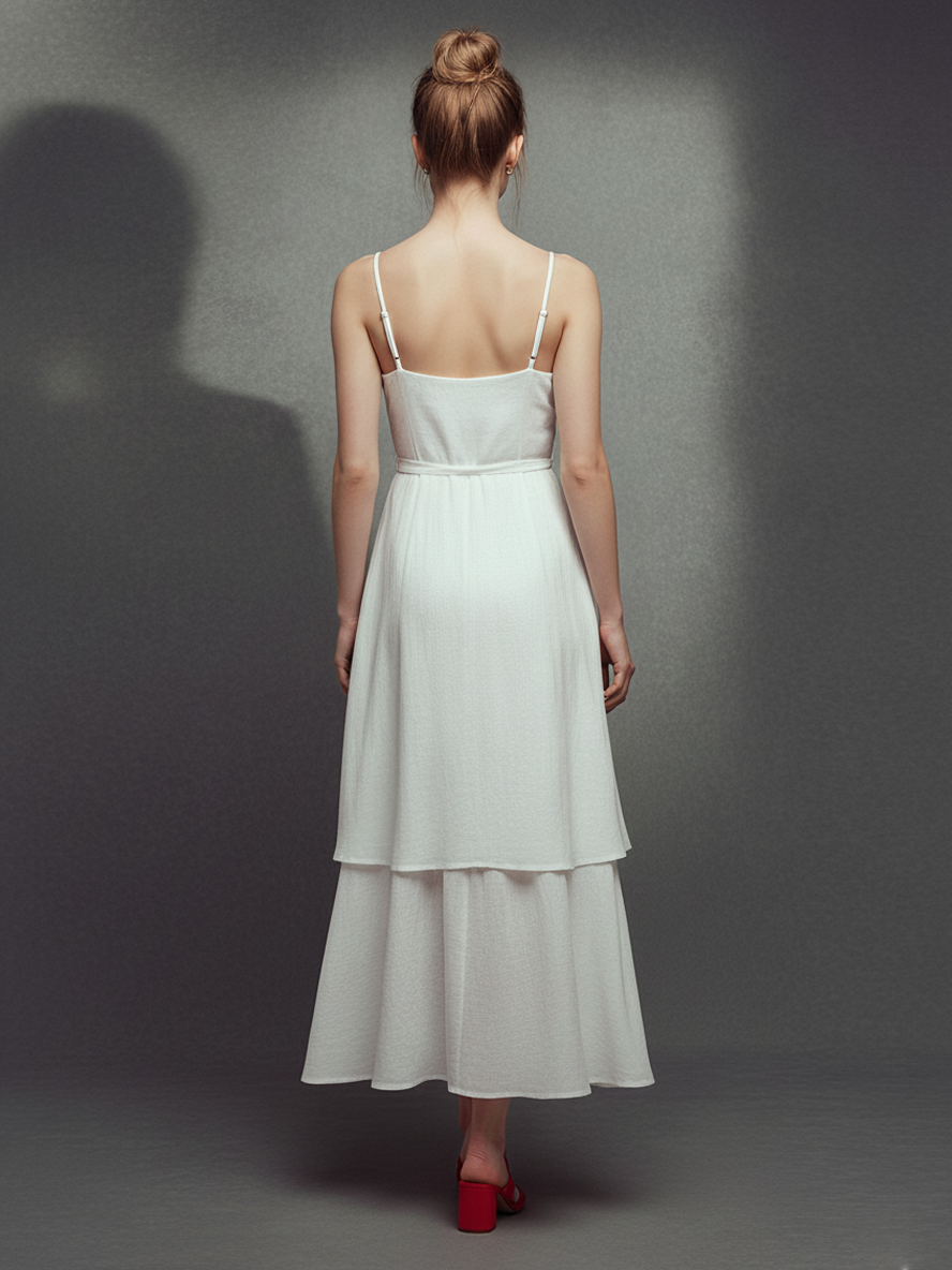 Women's Romantic Chiffon White Spaghetti-Strap Tie-Waist Tiered Midi Dress MDA2410L3AU