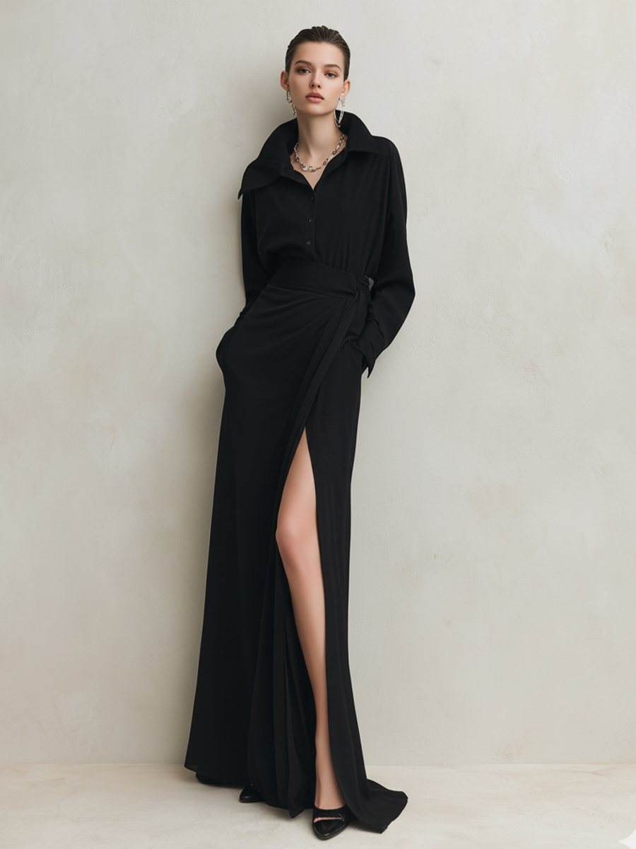 Women's Black Flowing Maxi Dress With Shirt Collar & High Slit, Sophisticated Formal Style Dress MDA1263L3I