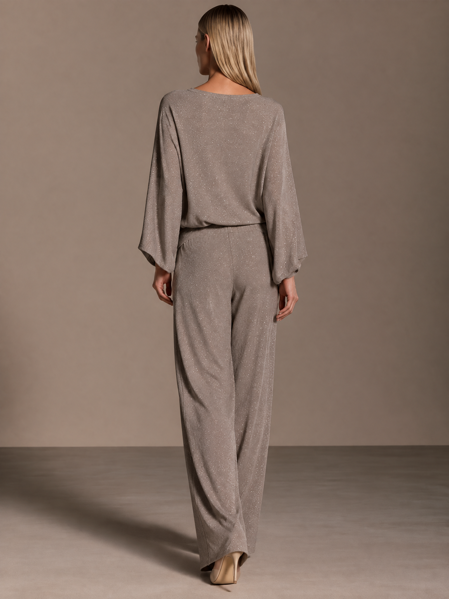 Women's Taupe Shimmer Split-Neck Long Sleeve Top & Wide-Leg Pants Set