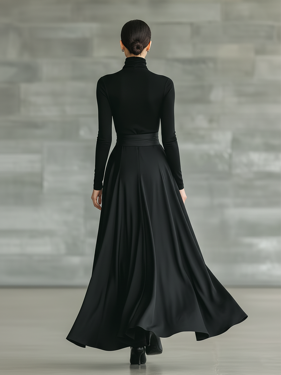 Women's Black High-Neck High-Stretch Knitted And Satin Flared Maxi Dress MDA2851J4T