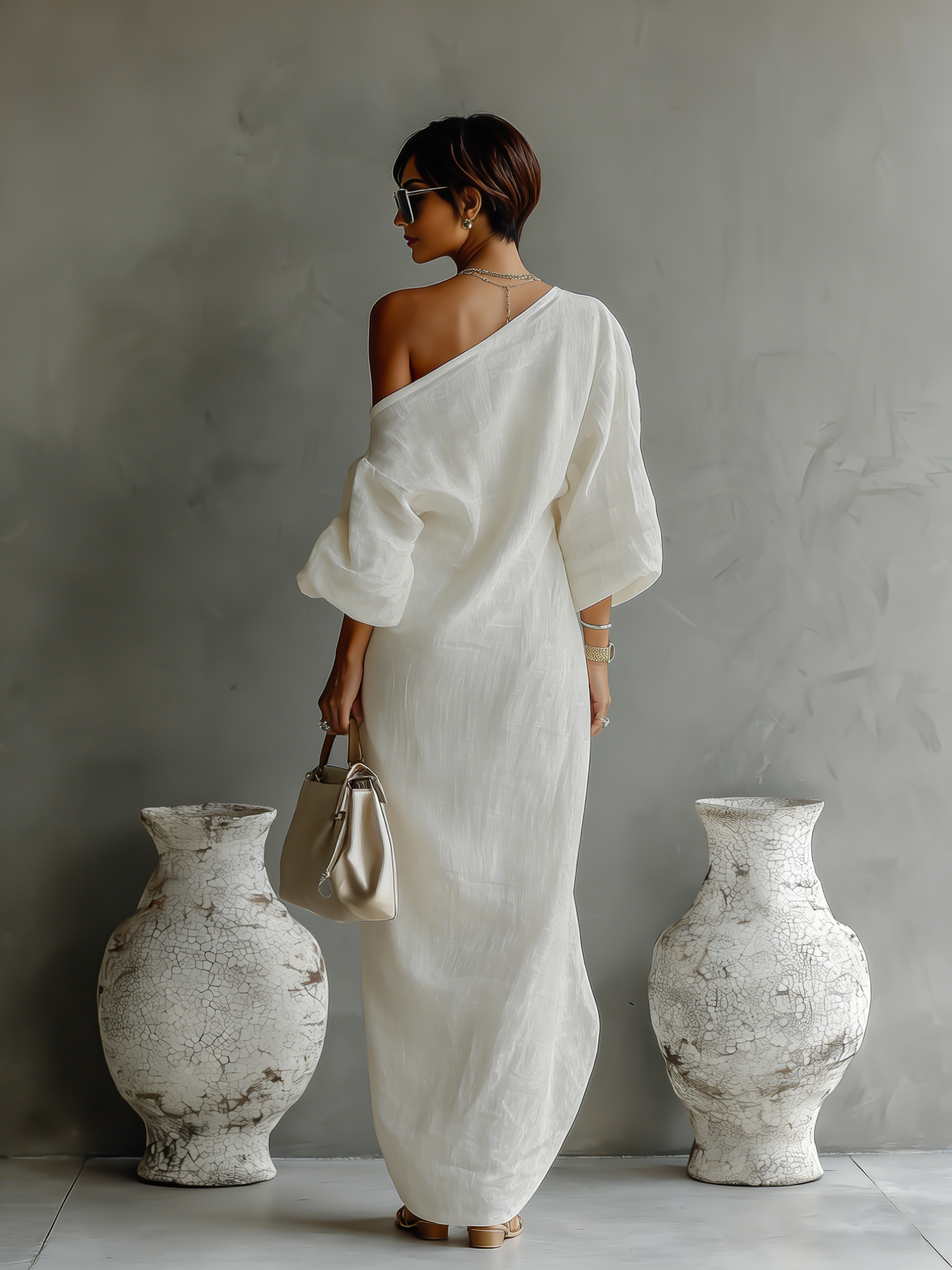 chinese dress ladies Women's Ivory White Cotton-Linen Blend One-Shoulder Flowing Elegant Dr –  Modesees