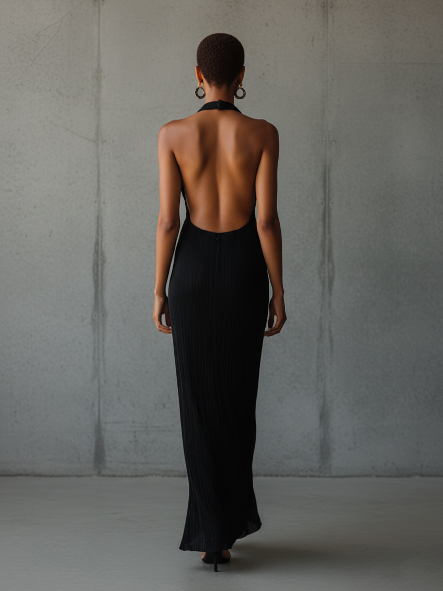 Women's Sexy Black Pleated Halter Neck Plunge Maxi Dress MDZ2792B1BA