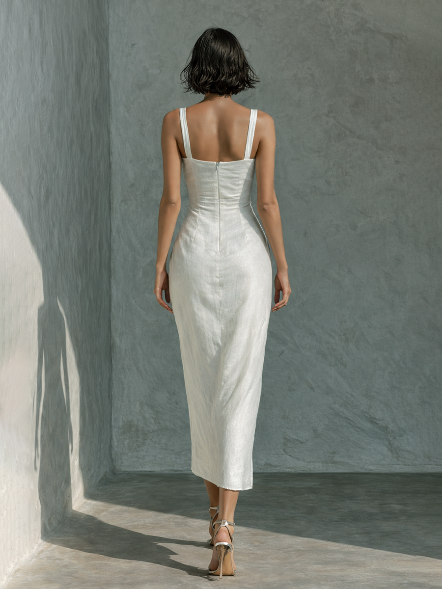 Women's Simple White Cotton And Linen Blend Sleeveless Midi Dress MDZ1204A3BA