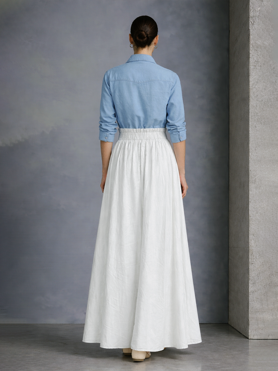 Women's elegant style denim-look shirt and cotton-linen skirt set(Belt not included) MDZ0455A1BA