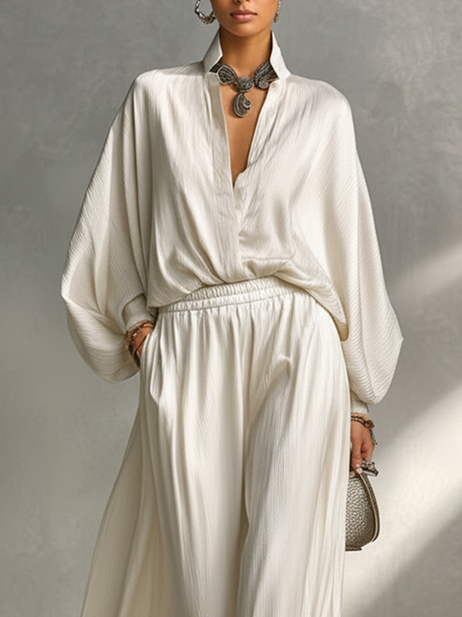 Women's Solid Color Lapel V-Neck Puff Sleeve Wide-Leg Pants Two-Piece Set MDA1831L6AP