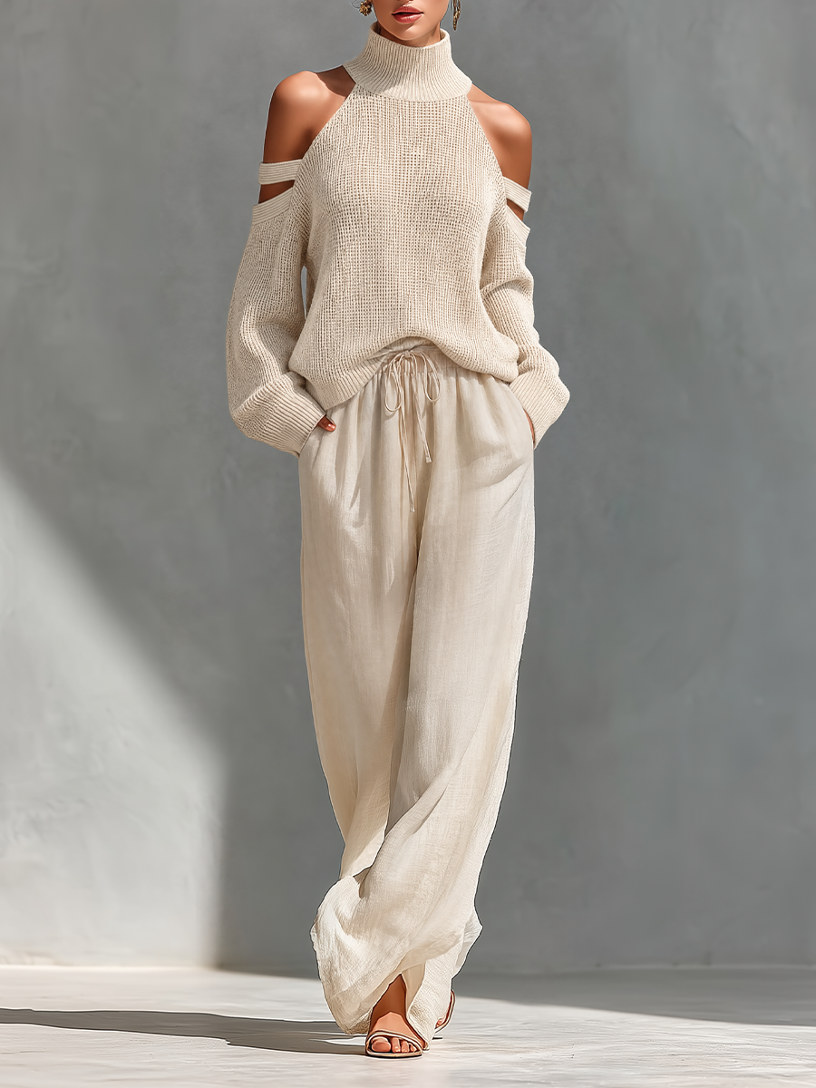 Women’s Beige Linen-Blend High-Waisted Pocketed Wide-Leg Pants MDZ1228A6T