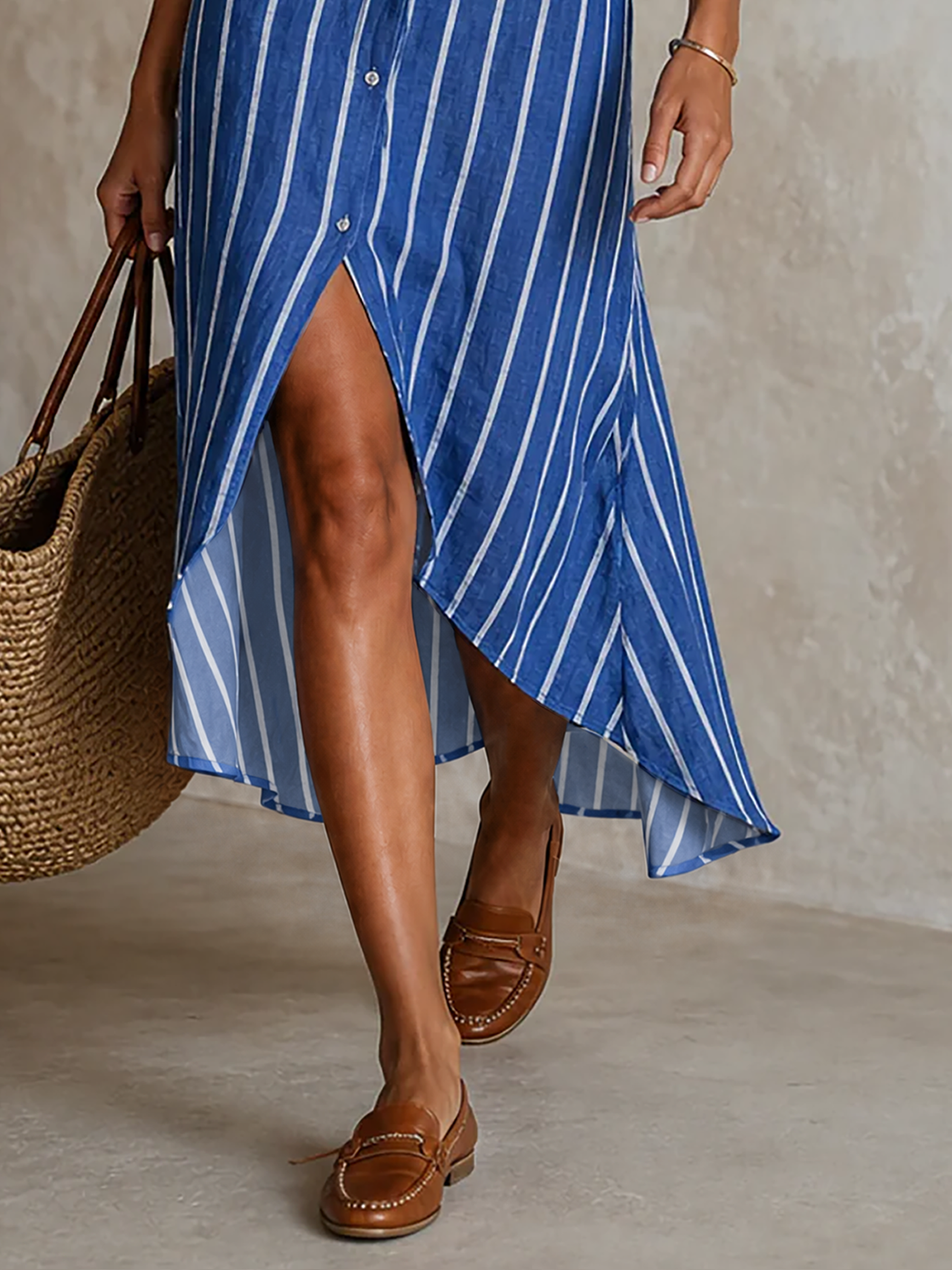 Women's Minimalist Striped Single-Breasted Long-Sleeve Midi Dress With Asymmetric Hem MDZ0877G0WY