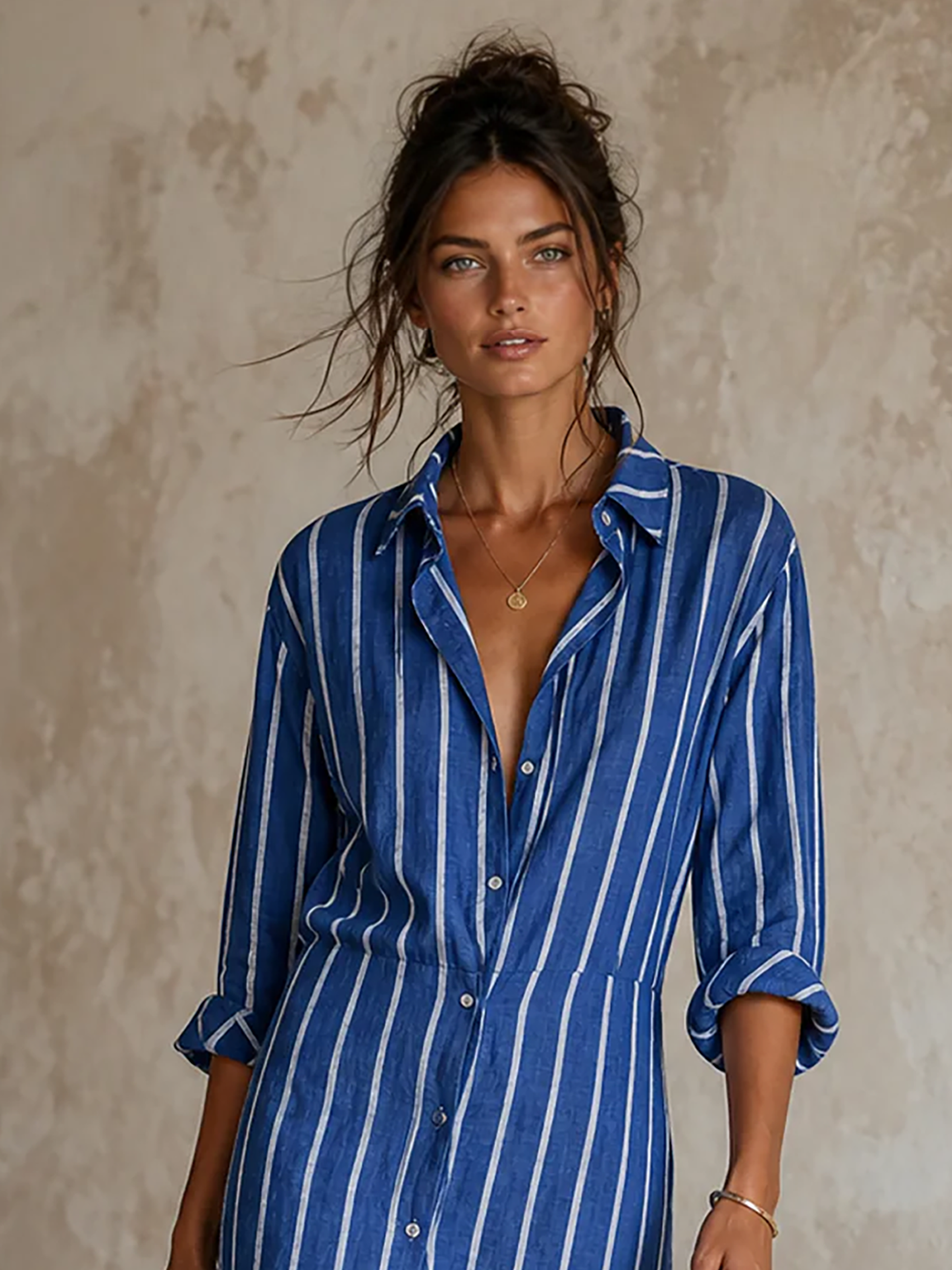 Women's Minimalist Striped Single-Breasted Long-Sleeve Midi Dress With Asymmetric Hem MDZ0877G0WY
