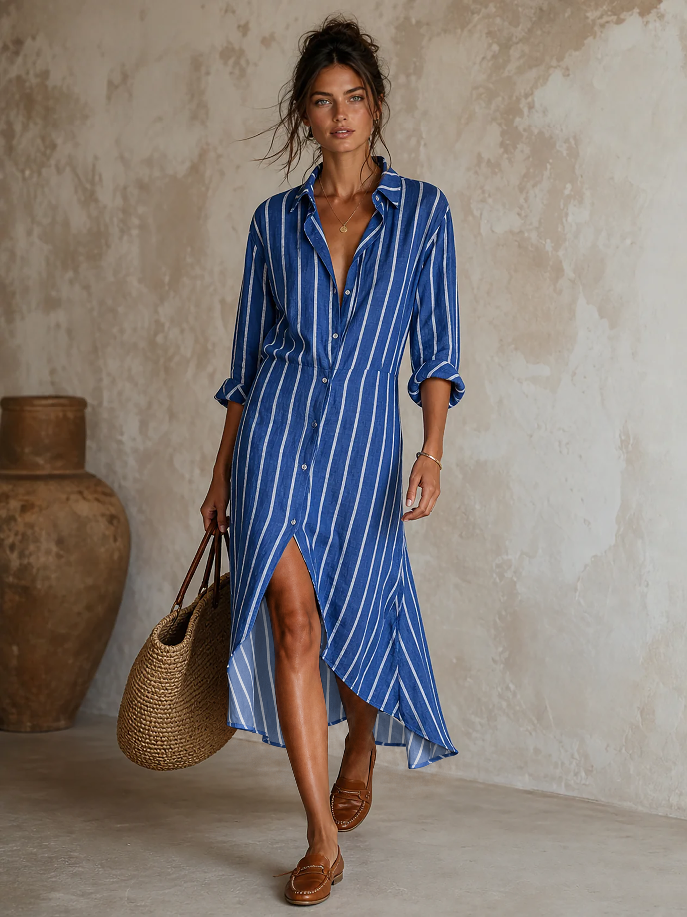 Women's Minimalist Striped Single-Breasted Long-Sleeve Midi Dress With Asymmetric Hem MDZ0877G0WY