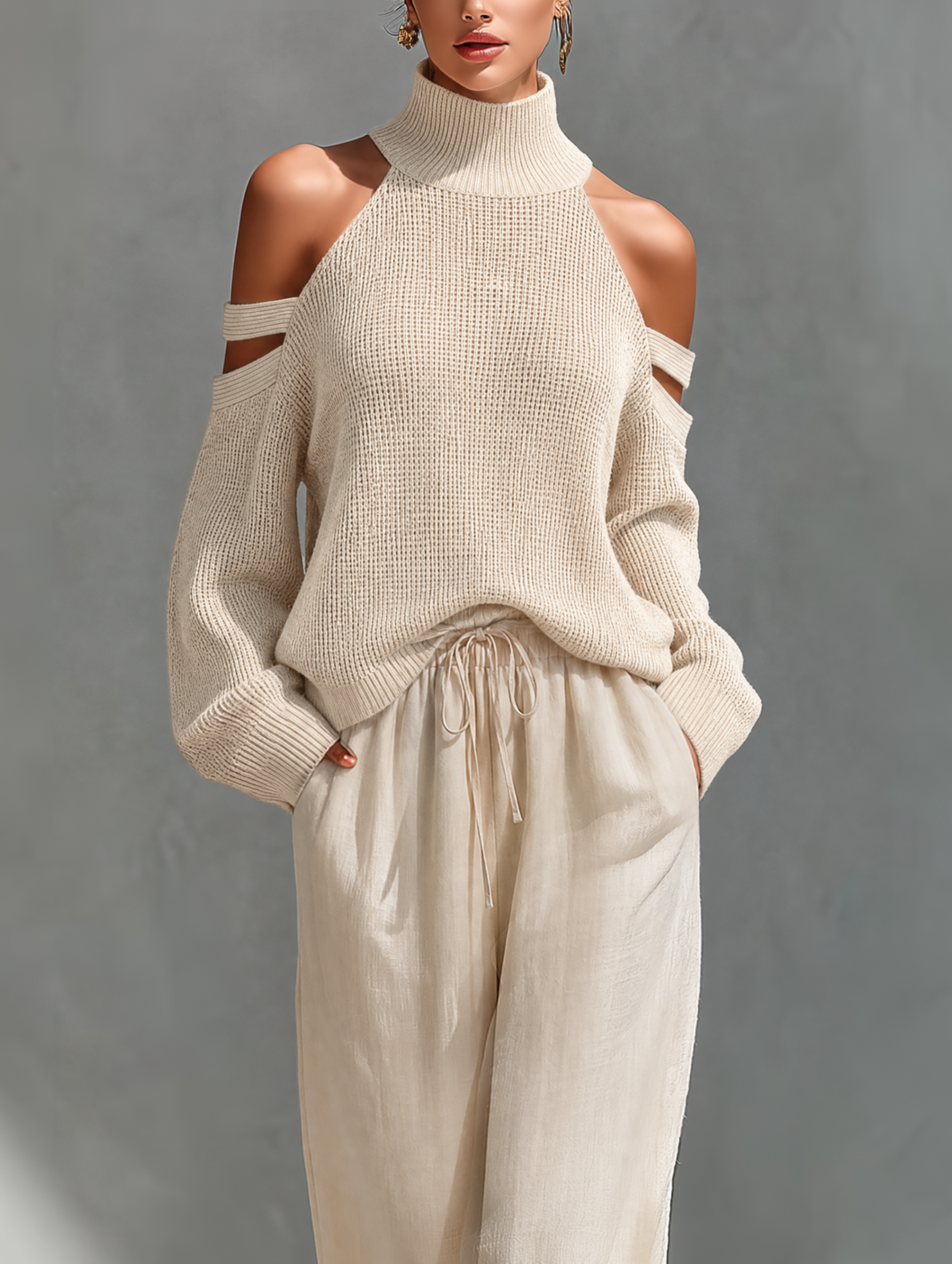 Women's Beige Knit Fabric Cold-Shoulder Turtleneck Top & Wide-Leg Pants Set MDZ0984A5T