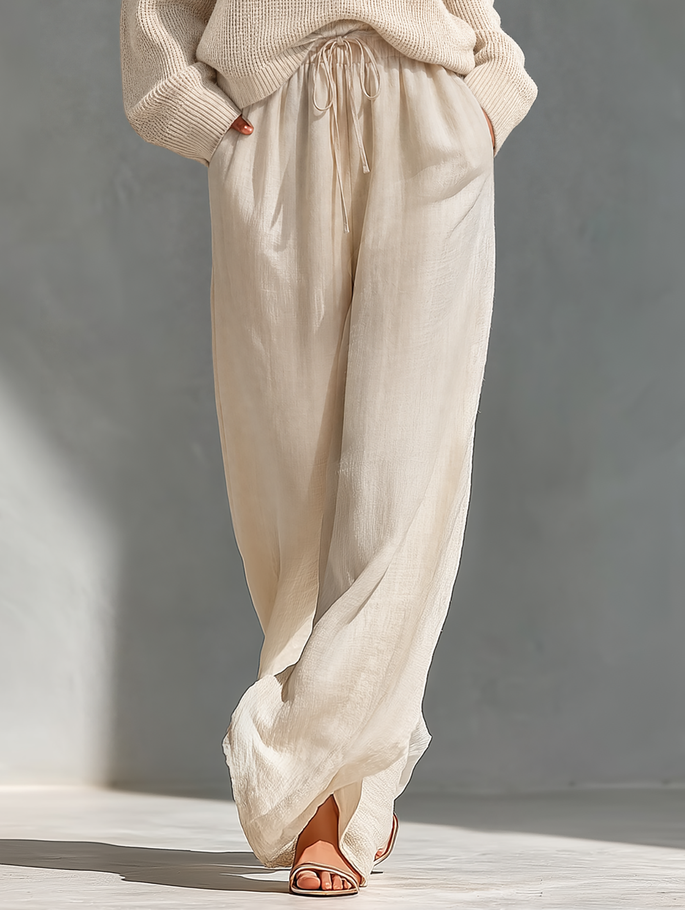 Women’s Beige Linen-Blend High-Waisted Pocketed Wide-Leg Pants MDZ1228A6T