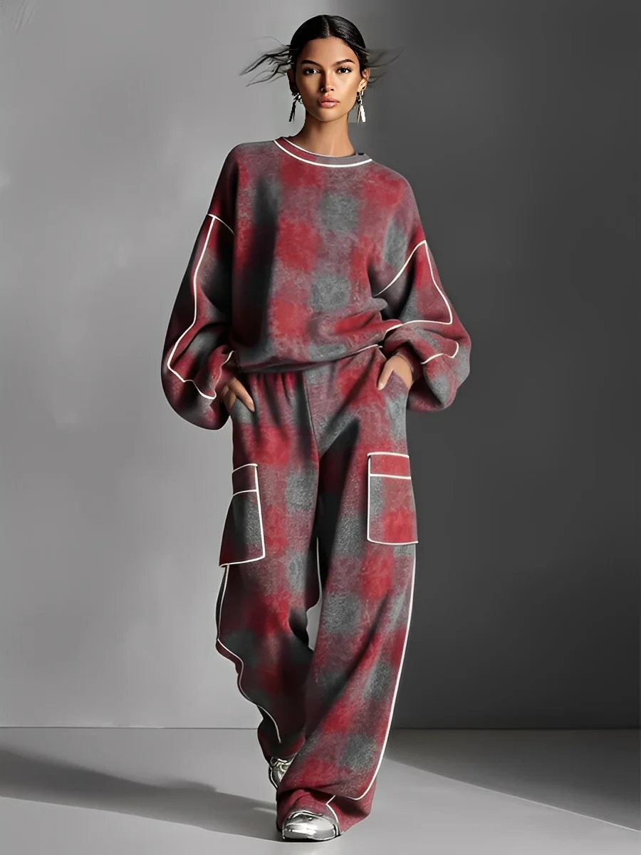 Women's Red And Gray Plaid Brushed Distressed Street Style Color-Blocked Piping Pantsuit Set MDA1065K4I