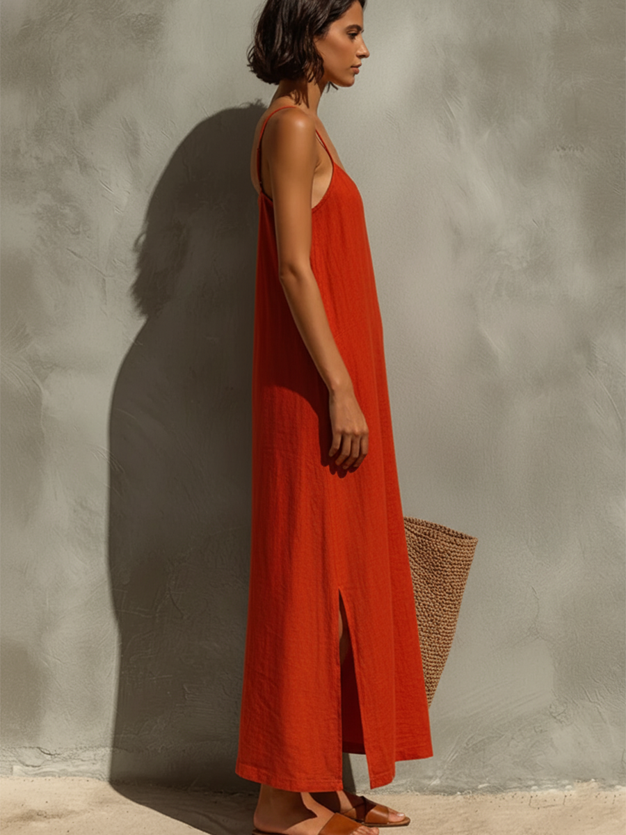 Women's Red Cotton Dress With Spaghetti Straps & Square Neck, Timeless Boho-Resort Style Dress MDZ0924C3I