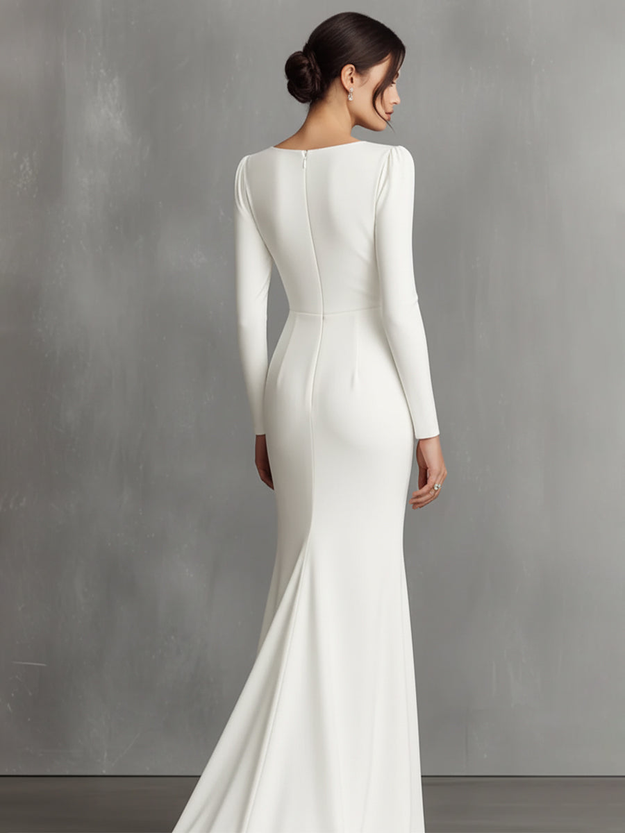 Women's White Elegant Satin Ruched Mermaid Maxi Dress MDA0910I5I