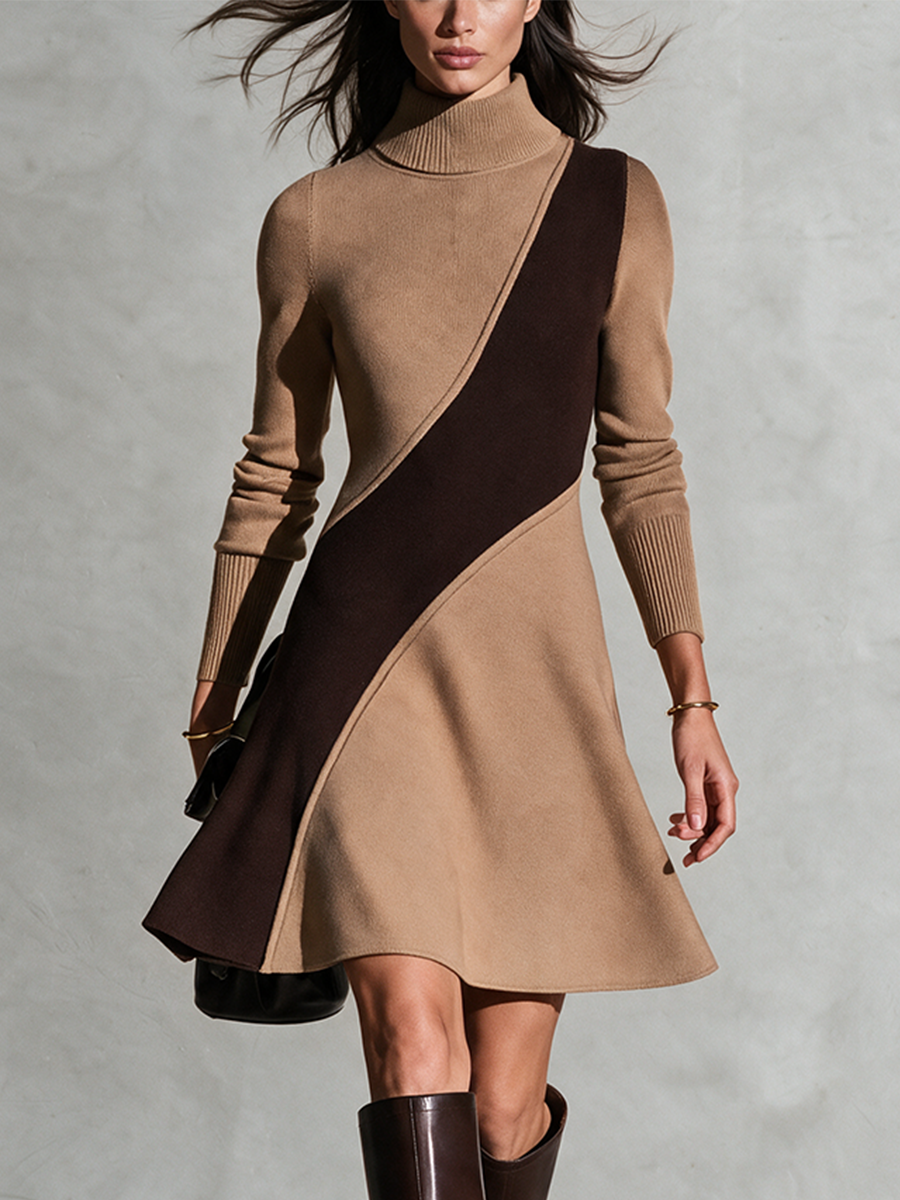 Women's Turtleneck Diagonal Color-Block Knit A-Line Mini Dress