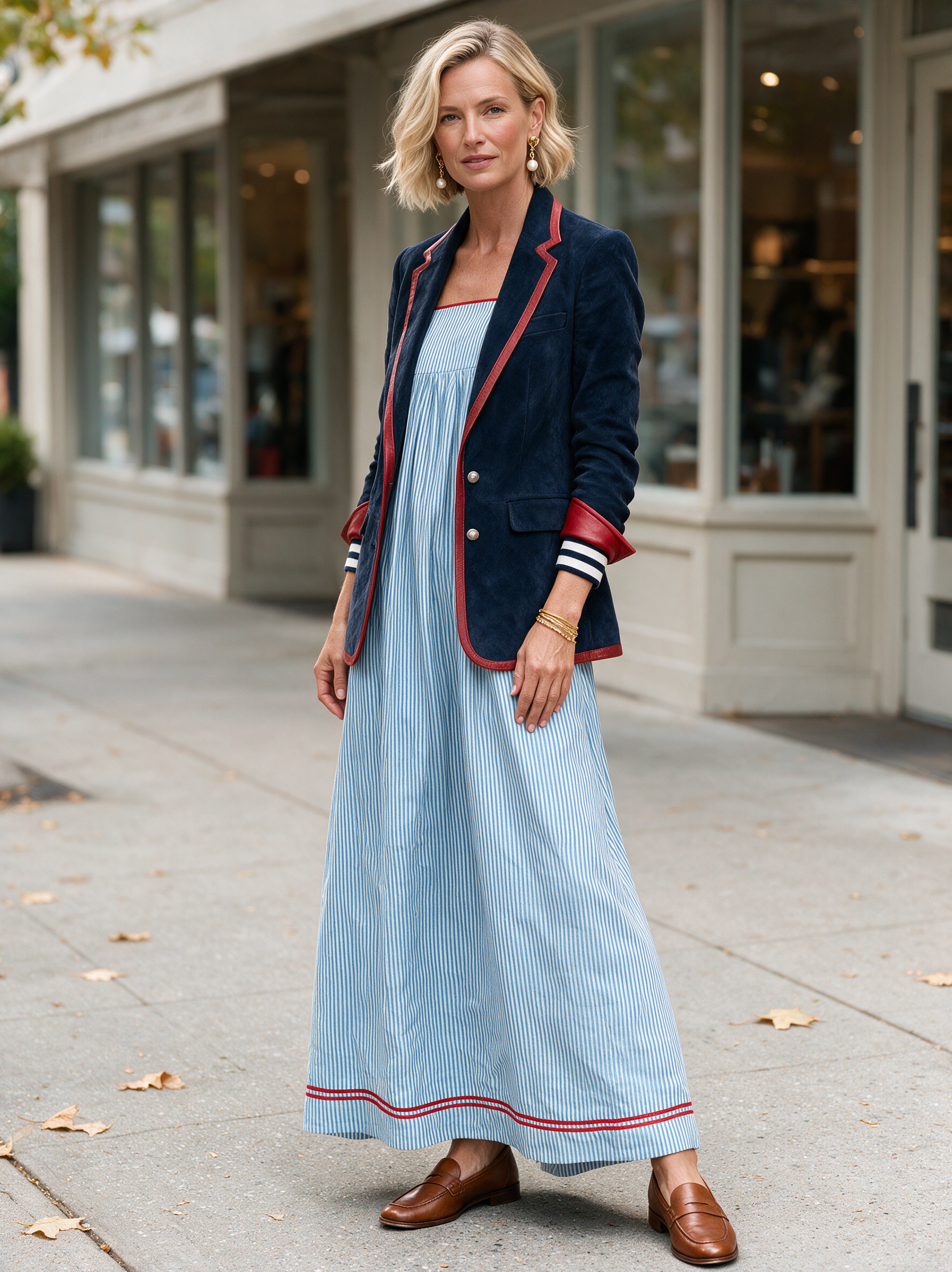 Women's Minimalist Striped Maxi Dress With Red Trim And Spaghetti Straps MDZ2710C3Y