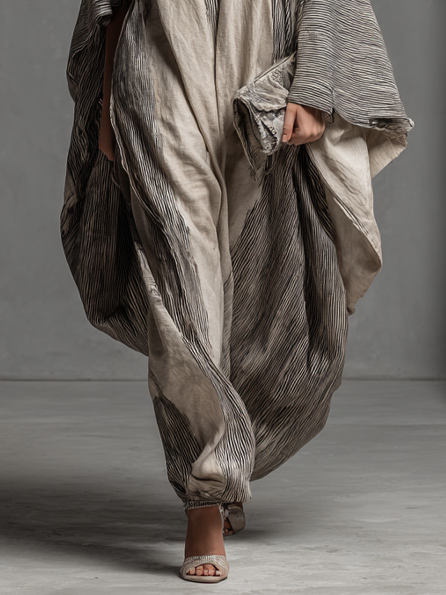 Women's Boho Striped V-Neck Cotton Linen Oversized Kaftan Maxi Dress MDZ1483B3BA