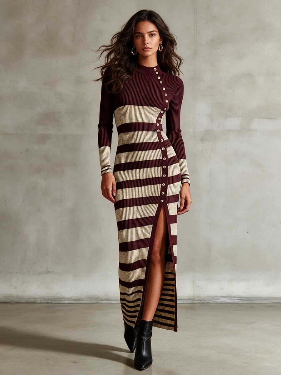 Striped Ribbed Knit Midi Dress