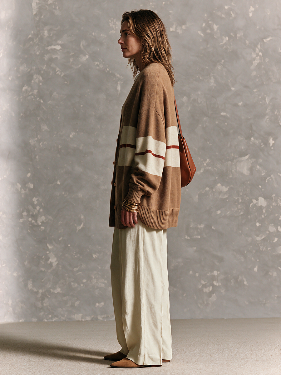 Women's Camel And Cream Stripe V-Neck Drop-Shoulder Wool Knit Long Cardigan