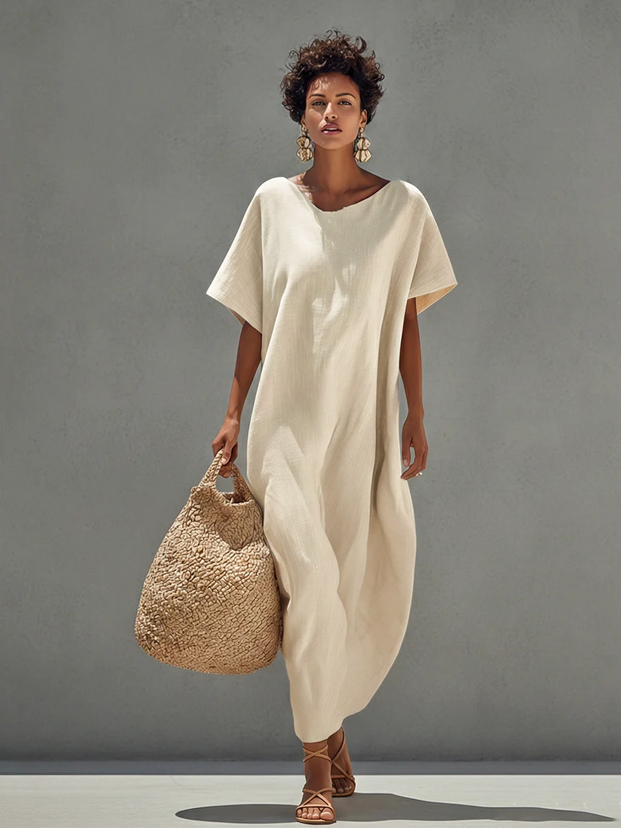 Women's White Cotton Dress With Relaxed Fit & Minimalist Design, Timeless Resort-Casual Style Dress MDZ0528B5I