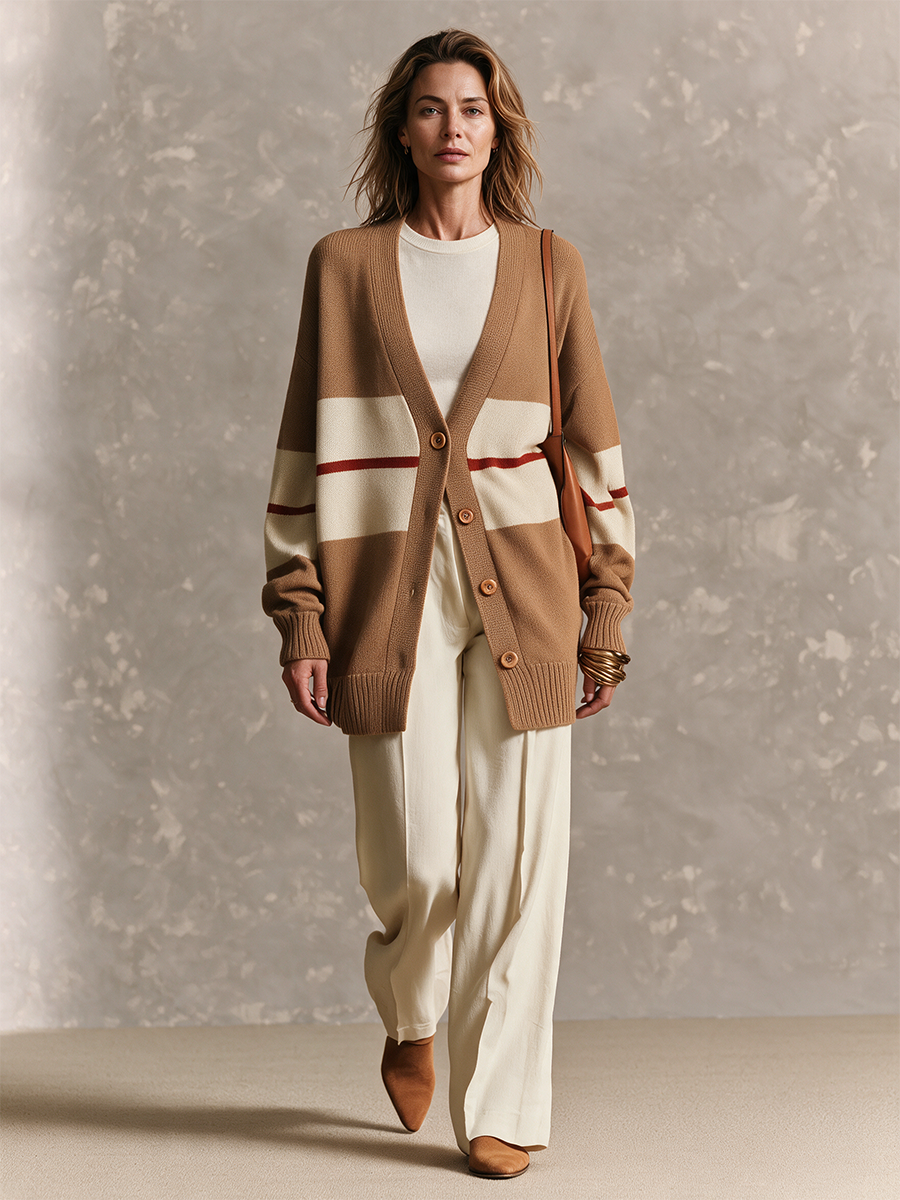 Women's Camel And Cream Stripe V-Neck Drop-Shoulder Wool Knit Long Cardigan