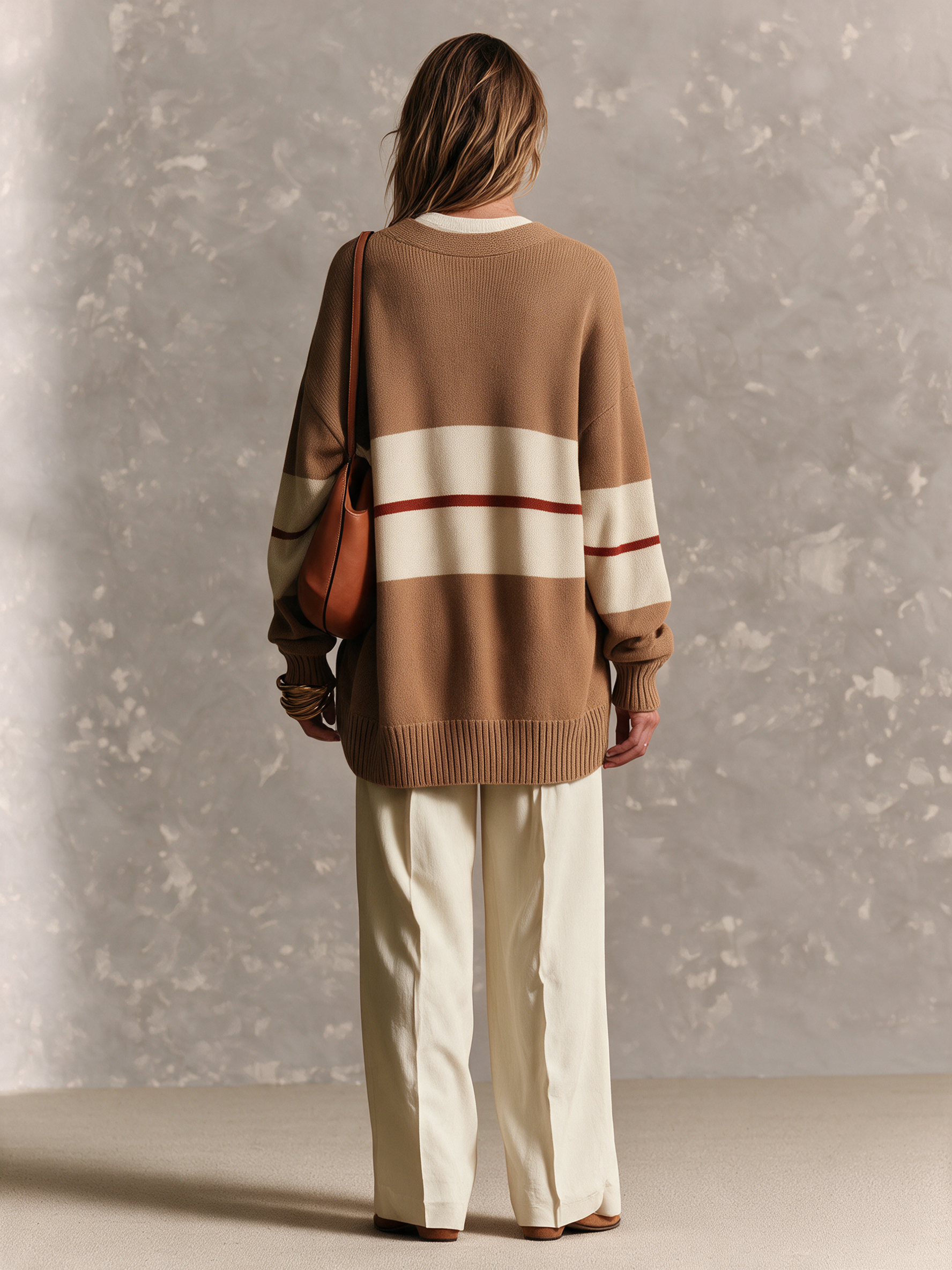 Women's Camel And Cream Stripe V-Neck Drop-Shoulder Wool Knit Long Cardigan