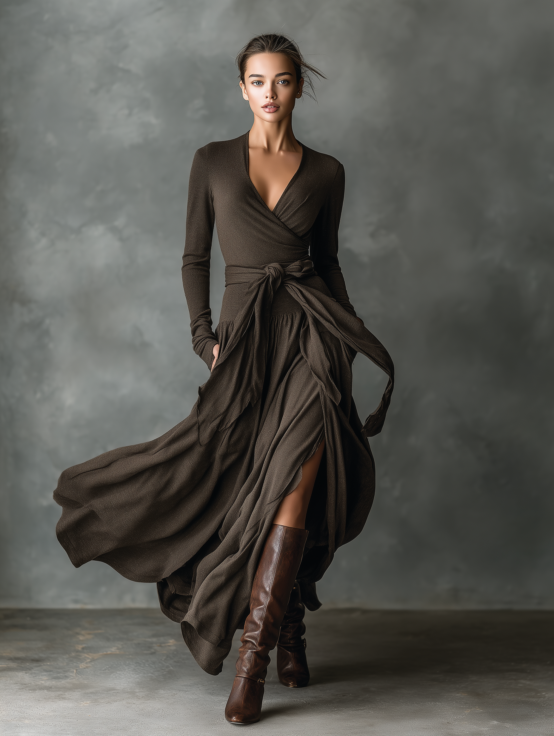 Women's Elegant Dark Brown Stretch Knit V-neck Long-sleeved Dress With Belt  MDA1955L7AN