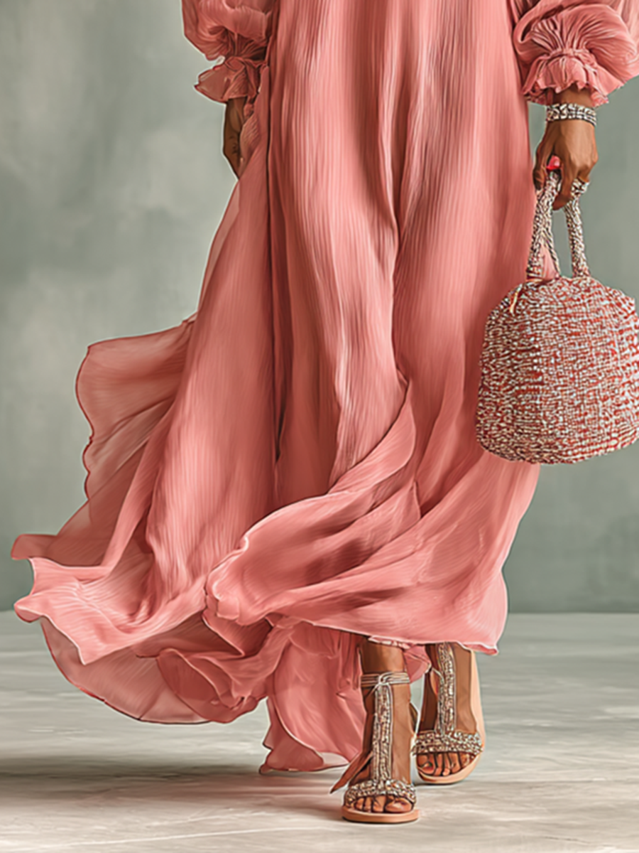 Women's Pleated Chiffon Round Neck Long Sleeve Loose Maxi Dress MDA1458G6Y